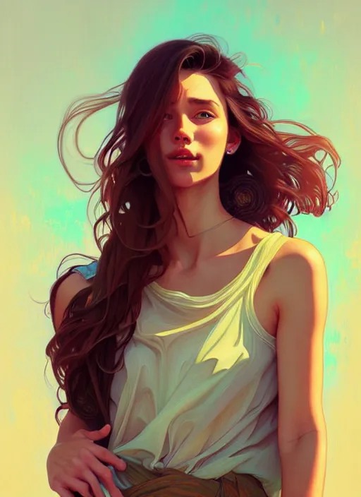 Image similar to handsome young women with shoulder length brown hair, half body shot, path traced, highly detailed, high quality, digital painting, alena aenami, lilia alvarado, shinji aramaki, karol bak, alphonse mucha, tom bagshaw