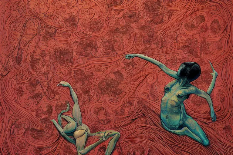 Image similar to top view, full body, lying beautiful mulatto girl inside the venus flytrap, silk fabric, gorgeous, intricate, in the style of Jin Kagetsu, James Jean and wlop, Zdzisław Beksiński style, hyperdetailed, sharp focus, intricate concept art, digital painting, ambient lighting, 4k, artstation trending on Gsociety, trending on ArtstationHQ, trending on deviantart, professionally post-processed, wide-angle action dynamic portraithyperdetailed, hyper quality, 16K