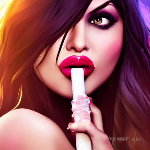 Prompt: portait of haifa wehbe, concept art, perfect lips, licking lollipop mouth, long hair centred, hd, very detailed curve, digital painting, unreal engine, amazing blue background theme