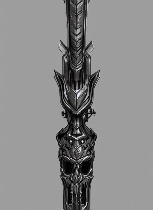 Image similar to a black and silver sword skull crest, orthographic, ornament, weapon, a 2 d render by dom qwek, front side, concept art, trending on polycount, artstation, hard surface modeling, rendered in maya, zbrush, hd, vray, blizzard, symmetry