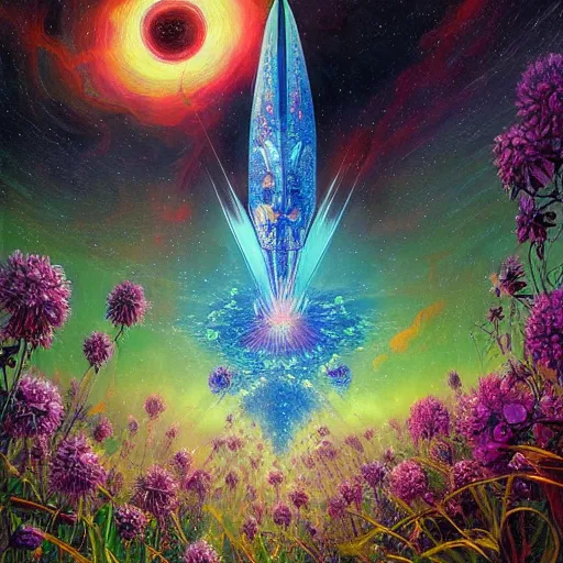 Image similar to a beautiful painting of a large spaceship shrouded by mystic nebula magic in a field of flowers by moebius and android jones