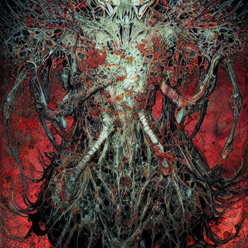 Image similar to keith thompson michael whelan horror art psychedelic trippy gorgeous horror beautiful creepy haunting dzo olivier scott fischer forest of human bodies splattered splashing fractal prismatic apophasis yoji shinkawa apophasis shintaro kago apophasis hyperrealism