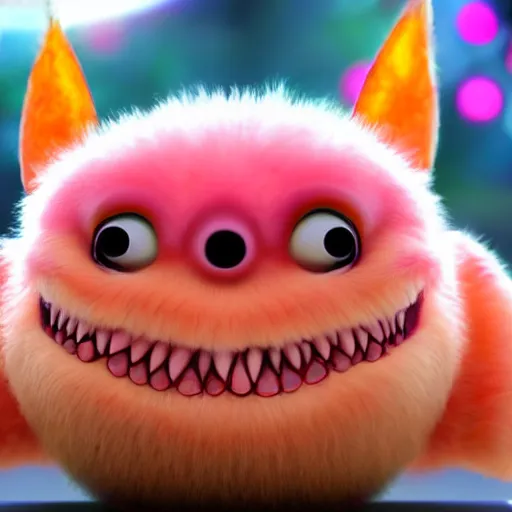 Prompt: an alien with a face that looks like a fuzzy peach the peach is fuzzy pink warm and ripe the alien has horns and a mean smile the alien has chicken feet cruel smile puppy eyes, 4k, highly detailed, high quality, amazing, high particle effects, glowing, majestic, soft lighting, detailed background