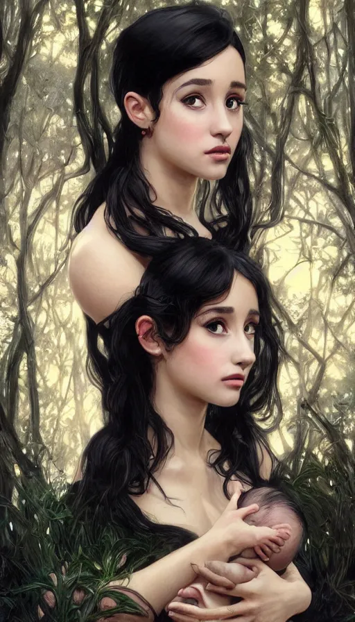 Prompt: unique cottagecore Ariana Grande holding a baby, black Hair, dark forest, intricate, elegant, highly detailed, digital painting, artstation, concept art, smooth, sharp, focus, illustration, art by artgerm and greg rutkowski and alphonse mucha
