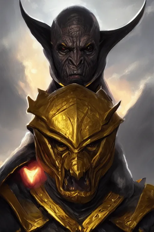 Prompt: orc in golden armour and black cape with hood, d & d, fantasy, portrait, highly detailed, headshot, digital painting, trending on artstation, concept art, sharp focus, illustration, art by artgerm and greg rutkowski and magali villeneuve