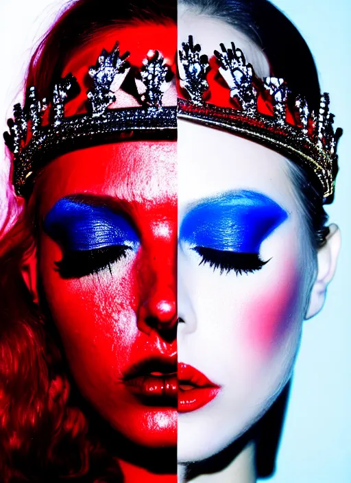 Prompt: a female high fashion model wearing a jeweled face crown, dark eye make - up, red lips, alexander mcqueen, haute couture, artstation, high detail, black, red and blue, 8 0 s airbrushed, film still, cinematic composition
