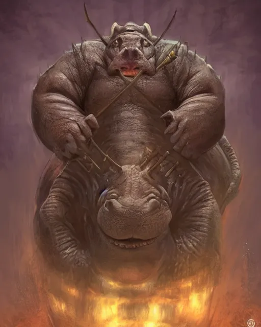 Image similar to Hippo, Anthropomorphized, as warlord general on skull throne, magic the gathering artwork, D&D, fantasy, cinematic lighting, centered, symmetrical, highly detailed, digital painting, artstation, concept art, smooth, sharp focus, illustration, volumetric lighting, epic Composition, 8k, art by Akihiko Yoshida and Greg Rutkowski and Craig Mullins, heroic pose, oil painting, cgsociety, Battlefield background, explosions, arrows