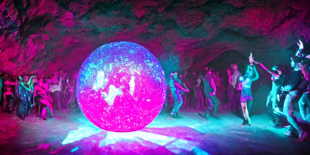 Image similar to cinematic shot of a goth disco nightclub in a cave, (((sphere of holographic knives))) made of pink lasers and blue crystals, goth people dancing, 8k photograph