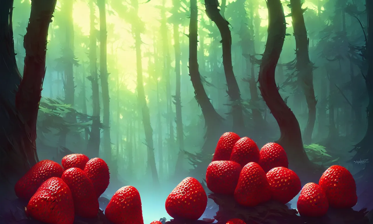 Image similar to Dark forest large strawberries, behance hd by Jesper Ejsing, by RHADS, Makoto Shinkai and Lois van baarle, ilya kuvshinov, rossdraws global illumination