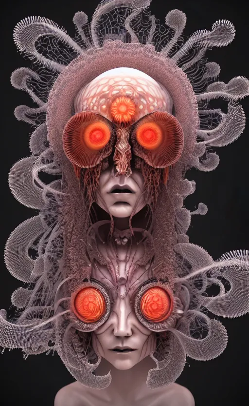 Prompt: intricate gothic girl mask, eagle coral, jelly fish, feathers, mandelbulb 3 d, fractal flame, octane render, cyborg, biomechanical, futuristic, by ernst haeckel