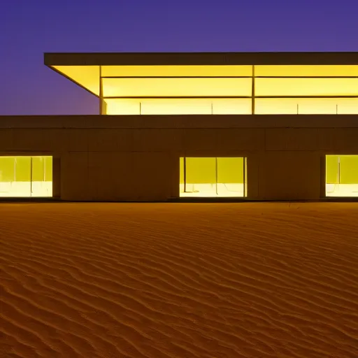 Image similar to building in a desert at night, minimalist architecture, neon lights, james turrel,