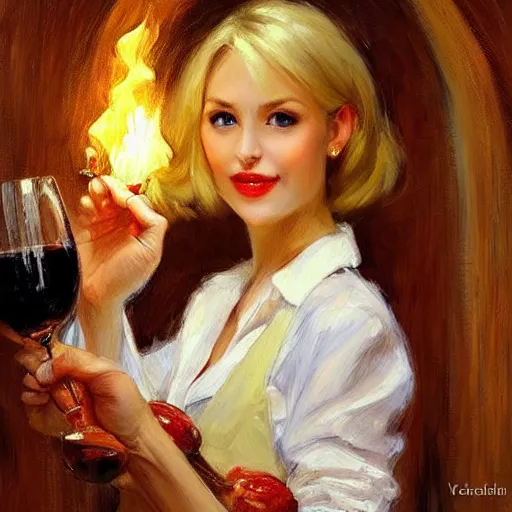 Image similar to pretty blonde beautiful woman in a wine cellar, elegant, red wine, meat, cheese, sausages, torches light the wall, impressionism, painting by Vladimir Volegov