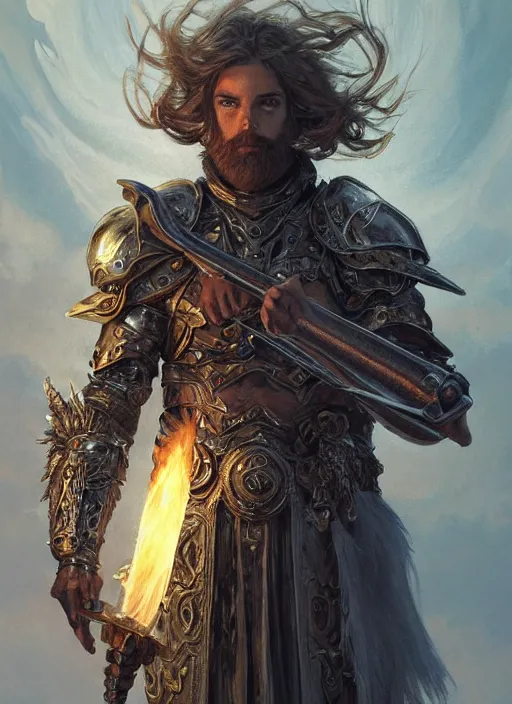 Image similar to A Human Male Paladin holding a flaming sword, shaggy hair, scruffy beard, glowing white eyes, medium armor, wings, fantasy, intricate, elegant, highly detailed, digital painting, artstation, concept art, smooth, sharp focus, illustration, art by Krenz Cushart and Artem Demura and alphonse mucha