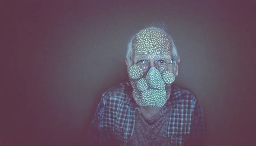 Image similar to 7 0 s movie still of a old man with trypophobia head in the hospital, cinestill 8 0 0 t 3 5 mm eastmancolor, heavy grain, high quality, high detail