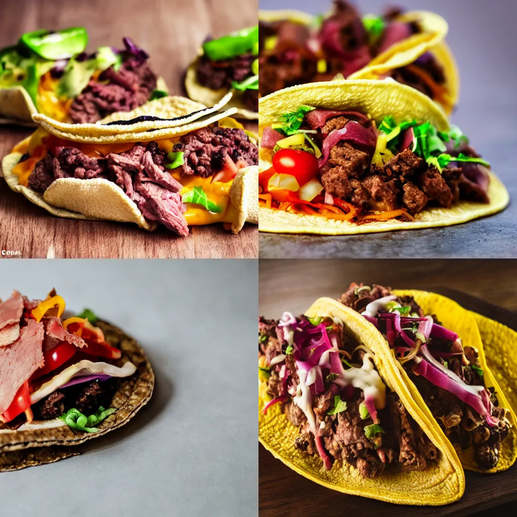 Prompt: Chaco sandal taco filled with meat and cheese, food photography, HDR, DSLR, Michelin star, detailed, 4k