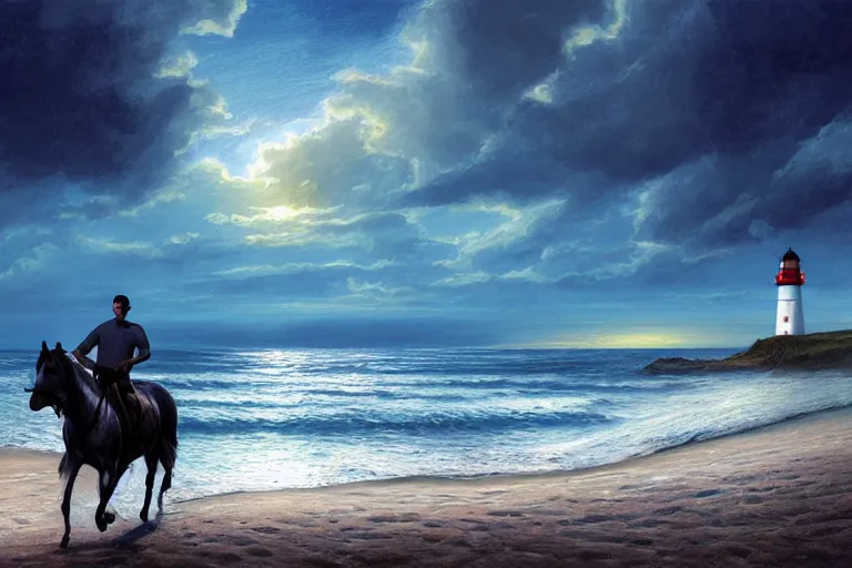 Image similar to photo of man riding a horse along the beach, glowing underwater waves toward a lighthouse in the distance guiding his way, silhouette, wide horizon, large white clouds, seagulls, night, intricate, elegant, highly detailed, digital painting, artstation, concept art, smooth, sharp focus, illustration, art by artgerm and greg rutkowski and fra angelico