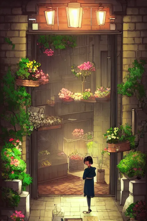 Image similar to a little flower shop's front gate, nostalgic, fresh digital illustrati on, dramatic lighting, pixiv