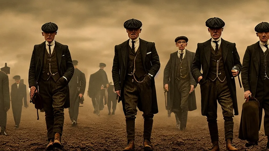 Image similar to the peaky blinders made of of peanuts, film still from the movie directed by denis villeneuve with art direction by zdzis