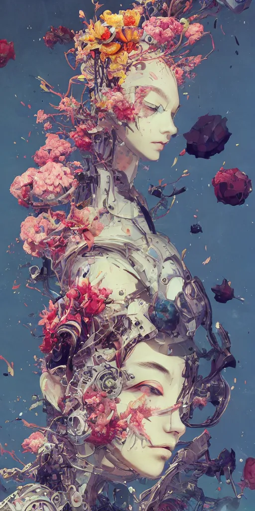 Image similar to surreal gouache painting, by yoshitaka amano, by ruan jia, by conrad roset, by kilian eng, by good smile company, detailed anime 3 d render of a mechanical android head with flowers growing out, portrait, cgsociety, artstation, modular patterned mechanical costume and headpiece, retrowave atmosphere