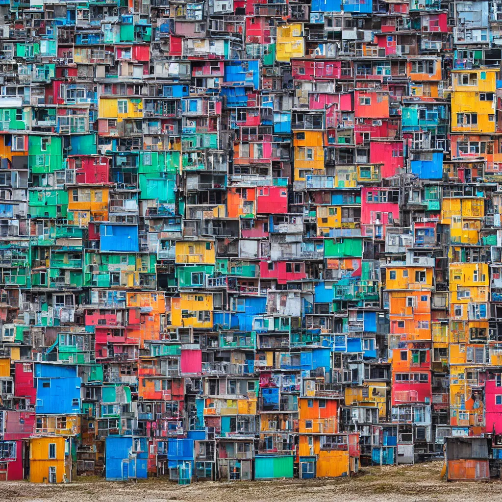 Image similar to a vertical building made up of various colourful makeshift squatter shacks, sony a 7 r 3, f 1 1, fully frontal view, photographed by jeanette hagglund, ultra detailed,