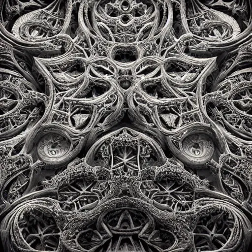 Image similar to a beautiful stone carving of an intricate mandelbrot fractal cathedral populated by fractals by android jones, carved soap, unreal engine, volumetric lighting, dynamic lighting, bright, dramatic lighting, high contrast, neon glow, carved marble, opalescent, sacred geometry, religious, angelic, catholicpunk, stark, trending on artstation