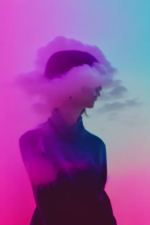 Image similar to high quality pastel coloured film photograph of a model wearing black clothing resting on cloud furniture clouds in a haze filled dreamstate world. three point light, rainbow. photographic production. art directed. pastel colours. volumetric clouds. pastel gradient overlay. waves glitch artefacts. 8 k. filmic.