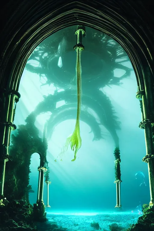 Image similar to high quality photo of cinematic underwater dystopian neo - gothic cathedral ruins with giant luminescent colorful aquatic plants and jellyfish, digital art masterpiece, aykut aydogdu eric zener, dramatic volumetric light, long shot, ground angle uhd 8 k, sharp focus