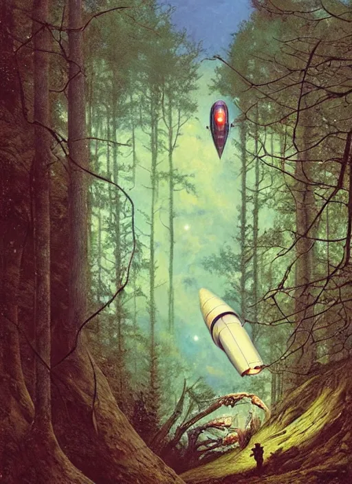 Image similar to hyper realistic spaceship in the woods by a river gorgeous lighting, lush forest foliage blue sky a hyper realistic painting by chiara bautista and beksinski and norman rockwell and greg rutkowski, weta studio, and lucasfilm