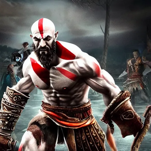 Image similar to photo of Kratos from god of war playing basketball