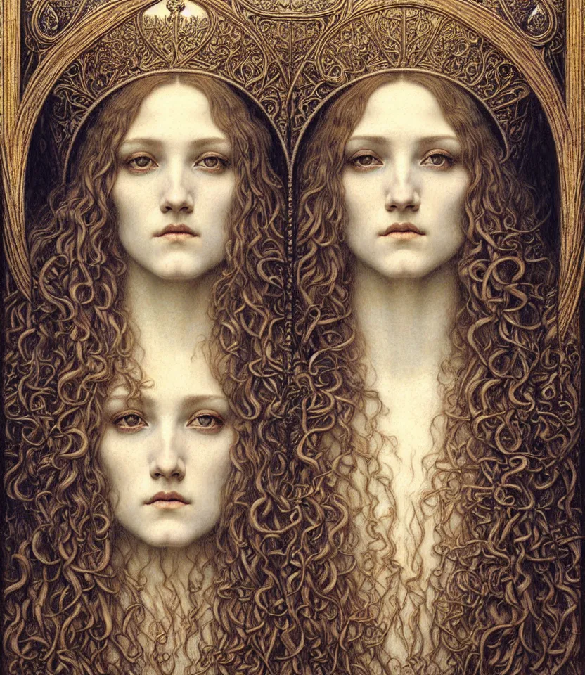 Image similar to detailed realistic beautiful young medieval queen face portrait by jean delville, gustave dore and marco mazzoni, art nouveau, symbolist, visionary, gothic, pre - raphaelite. horizontal symmetry