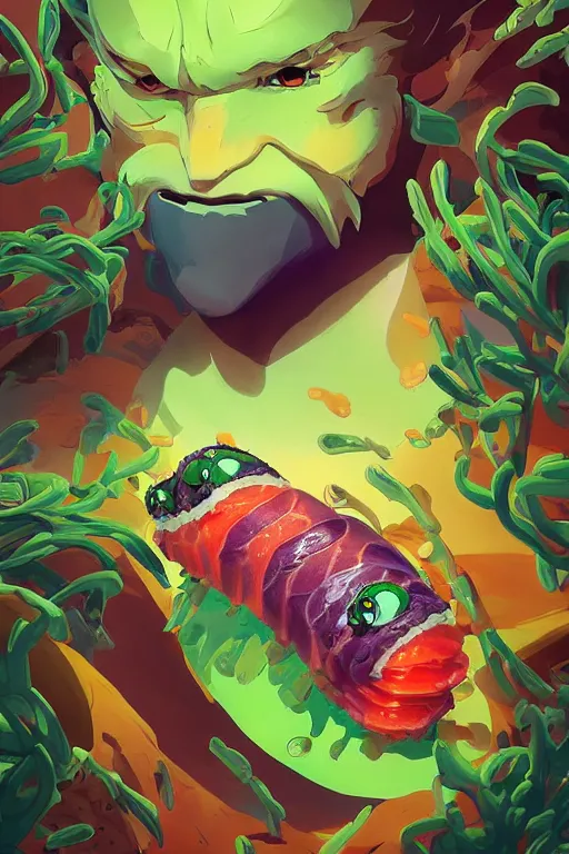 Image similar to 3 d render creature animal sushi cristal very big eye roots cactus elemental flush of force nature micro world fluo fishscale, comics gta 5 cover, official fanart behance hd artstation by jesper ejsing, by rhads, makoto shinkai and lois van baarle, ilya kuvshinov, ossdraws