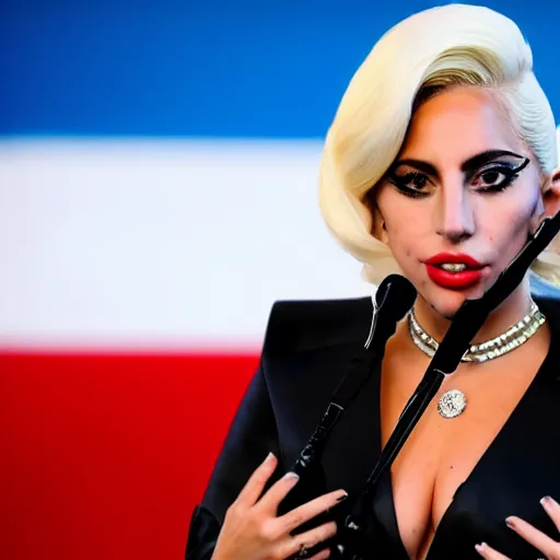 Image similar to Lady Gaga as president, Argentina presidential rally, Argentine flags behind, bokeh, giving a speech, detailed face, Argentina