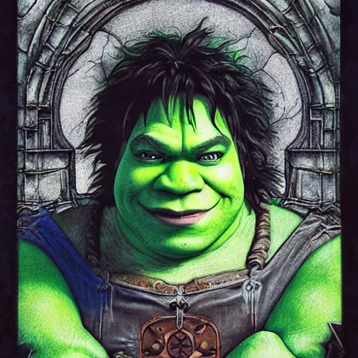 Prompt: portrait of Shrek, by Ayami Kojima. Award winning Castlevania art.