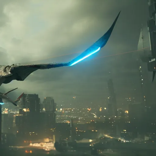 Image similar to a closeup portrait of a pterodactyl shooting lasers from is eyes flying over a destroyed city cyberpunk, fantasy, 4 k, octane render