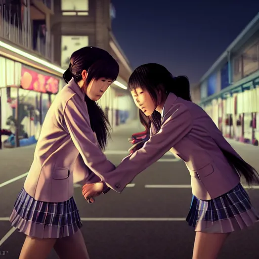 Image similar to two japanese schoolgirls fighting in the parking lot of a store at night, intricate details, complementary lighting, detailed face, backlighting, octane render, raytraced, depth of field, extremely detailed, trending in artstation, sharp focus, radiant light, beautiful composition, yihao ren, zochi, zero - hour, jean paul fiction