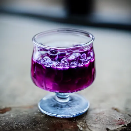 Prompt: High quality portrait of Blueberry Soda, 50mm f2.8, canon