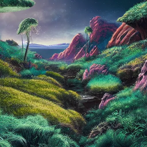 Prompt: beautiful digital artwork of a lush natural scene on an alien planet by lurid ( 2 0 2 2 ). artistic science fiction. extremely detailed. beautiful landscape. weird vegetation. cliffs and water.