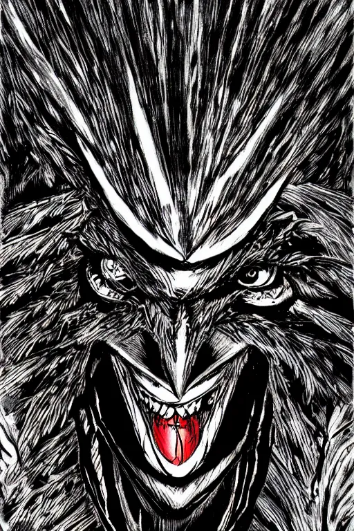 Prompt: crow devil, red eyes, highly detailed, digital art, sharp focus, trending on art station, kentaro miura manga art style