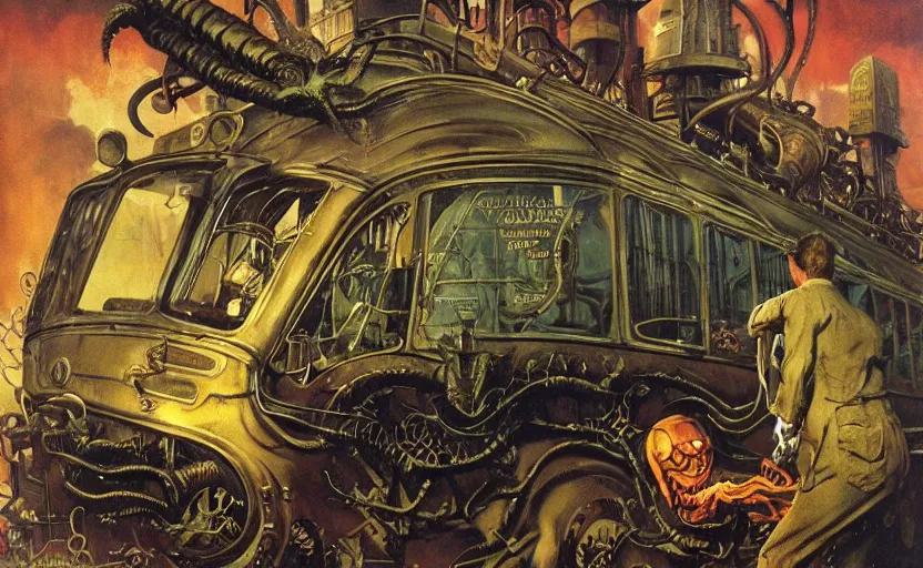 Image similar to cthulhu devouring a steampunk school bus. highly detailed science fiction painting by norman rockwell, frank frazetta, and syd mead. rich colors, high contrast, gloomy atmosphere, dark background. trending on artstation