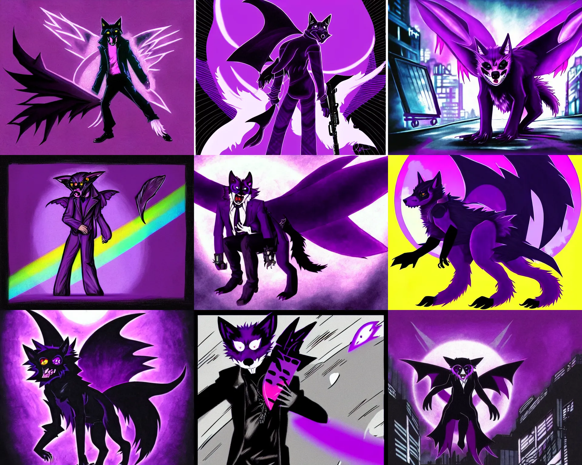 Prompt: a purple wolfbat fursona with an eyepatch and a long glowing rainbow tail, traversing a shadowy city, drawn in a noir style, reminescent of max payne and ghost in the shell, style of purple rain album cover ( by prince ), dark colors