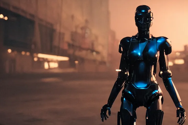 Image similar to VFX movie closeup of a gorgeous futuristic robot woman in black spandex armor in future city, hero pose, beautiful skin, city night lighting by Emmanuel Lubezki