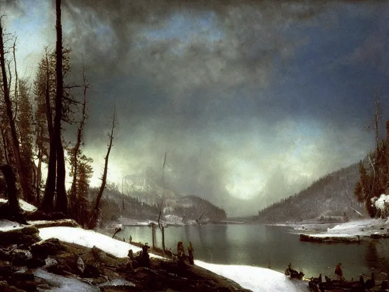 Prompt: Canadian Wilderness by Albert Bierstadt. Epic landscape, winter blizzard. Oil on Canvas. Private Collection