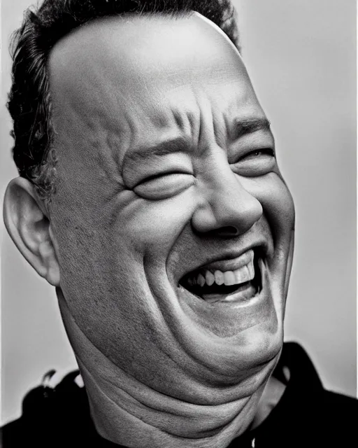 Prompt: tom hanks laughing, hyper realism, high detail, extremely detailed, very sharp, award winning photoin the style of mary ellen mark