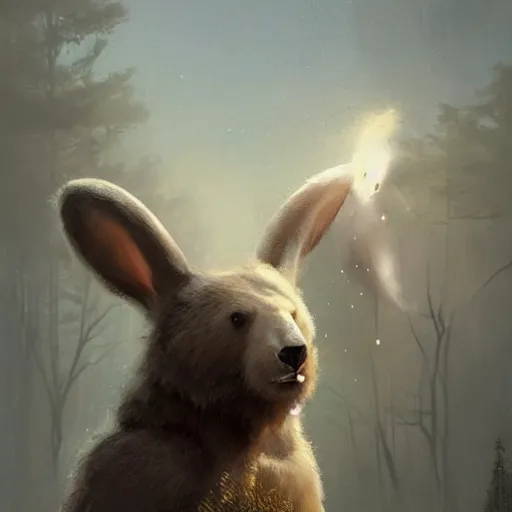 Prompt: a bear and a bunny chimera with the size and strength of a bear, The white color and long bunny ears of a bunny and golden brown antlers. Concept art. Fantasy. Trending on artstation. Masterpiece. By Karlkka. By Greg Rutkowski James Gurney