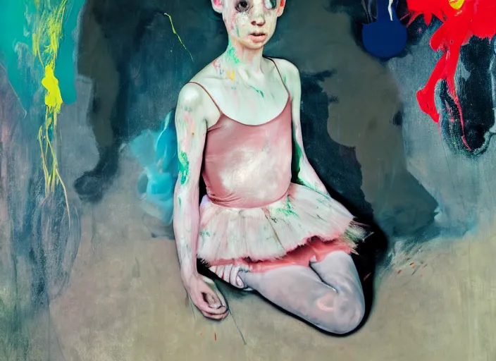 Prompt: portrait of nervous young girl ballerina sitting on the floor focusing in a dance hall by hernan bas and francis bacon and alberto seveso and pat steir and hilma af klint, psychological, symmetrical face, dripping paint, washy brush, matte painting, rendered in octane, altermodern, masterpiece