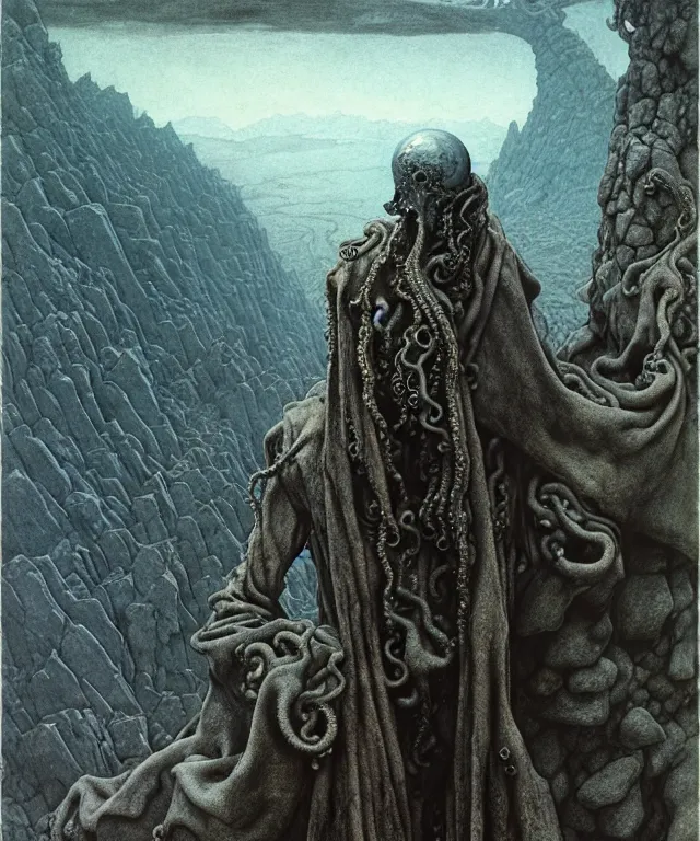 Image similar to A detailed gray-eyed tentacleheaded human stands among the mountains with a pebble in hands. Wearing a ripped mantle, robe. Extremely high details, realistic, fantasy art, solo, masterpiece, art by Zdzisław Beksiński, Arthur Rackham, Dariusz Zawadzki