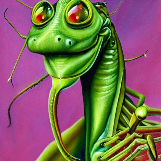 Prompt: beautiful lifelike painting of praying mantis, hyperreal detailed facial features and uv lighting, art by ed roth and basil wolverton