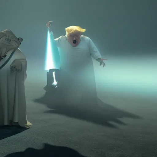 Prompt: jabba the hutt but its donald trump from star wars, cinematic, 4 k, god rays through fog.