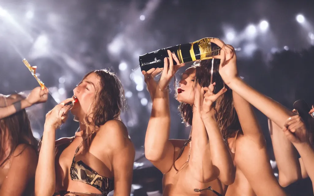 Image similar to photography of marc rebillet wearing a bikini and drinking champagne at his concert, public is annoyed and throws cans on the stage, 4 k,