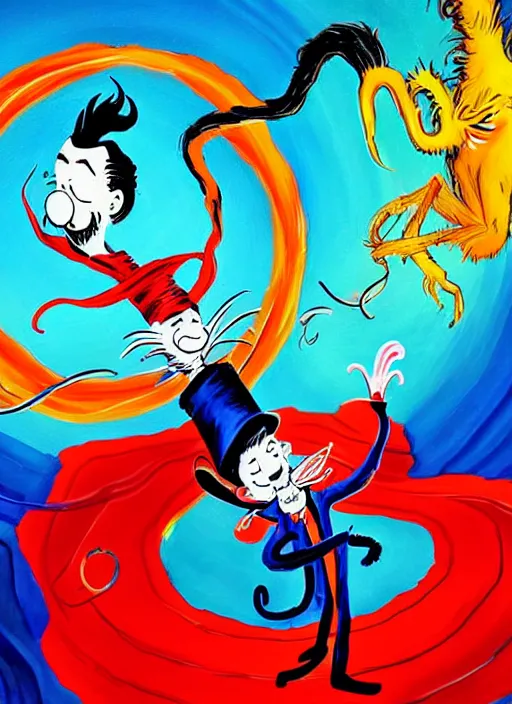 Image similar to a beautiful painting of the third first image on the scattered absurdity server, dr seuss, and dr strange, very pretty, portal hopping and time warping with wild reckless abandon